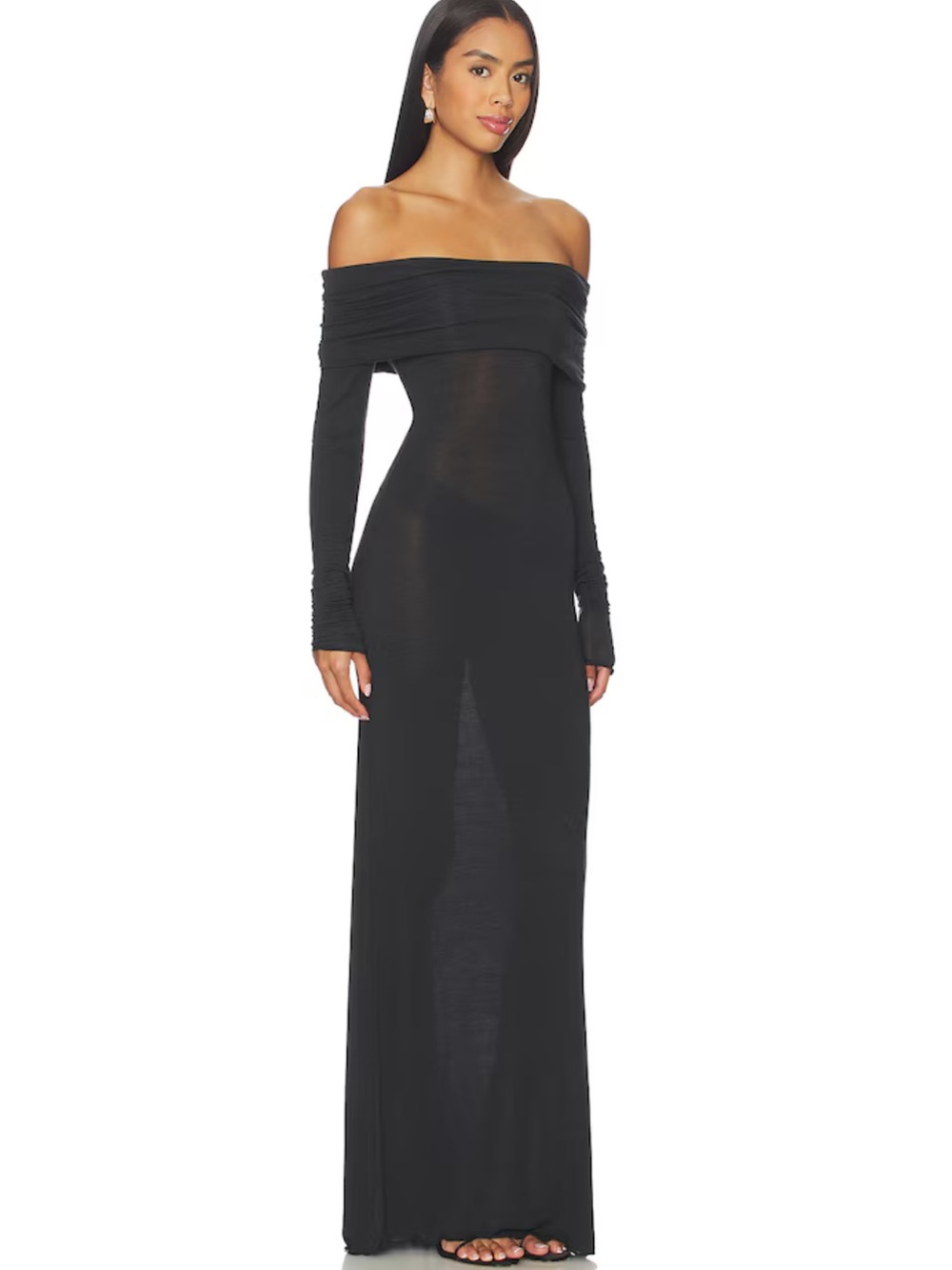 NEW SKIMS Sheer Modal Off Shoulder Long Dress in Onyx - Picture 2 of 7